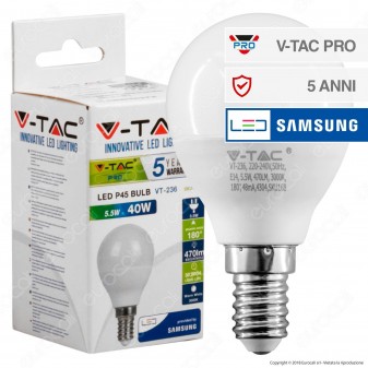 V-Tac PRO VT-236 Lampadina LED E14 5,5W MiniGlobo P45 Chip Samsung -
