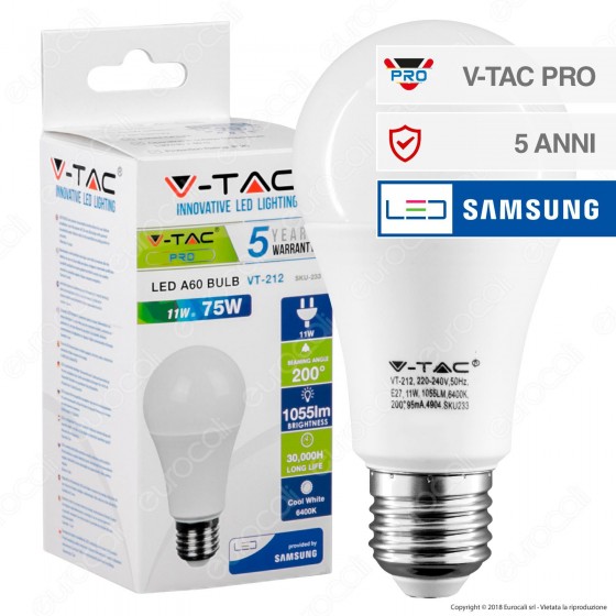 V-Tac PRO VT-212 Lampadina LED E27 11W Bulb A60 Chip Samsung - SKU V-Tac PRO VT-212 Lampadina LED E27 11W Bulb A60 Chip Samsung - SKU