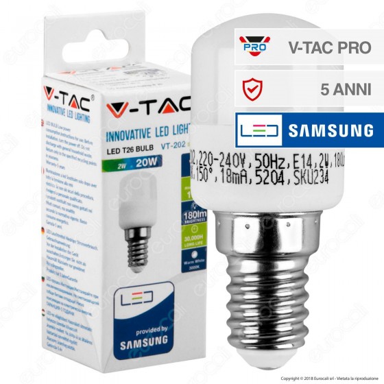 V-Tac PRO VT-202 Lampadina LED E14 2W Tubolare T26 Chip Samsung - SKU 234 / 235