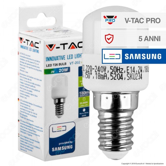 V-Tac PRO VT-202 Lampadina LED E14 2W Tubolare T26 Chip Samsung - SKU V-Tac PRO VT-202 Lampadina LED E14 2W Tubolare T26 Chip Samsung - SKU