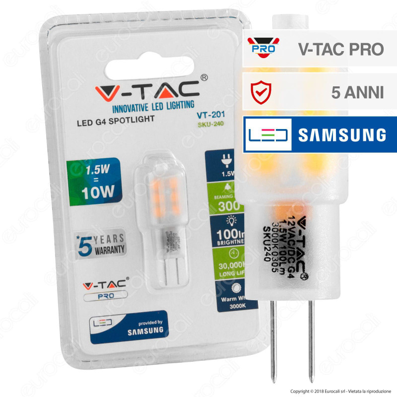 V-Tac PRO VT-201 Lampadina LED G4 1,5W 12V Bulb Chip Samsung - SKU