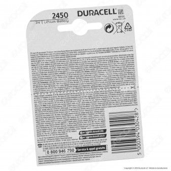 Duracell Lithium CR2450 / DL2450 / ECR2450 Pila 3V - Blister 1 Batteria