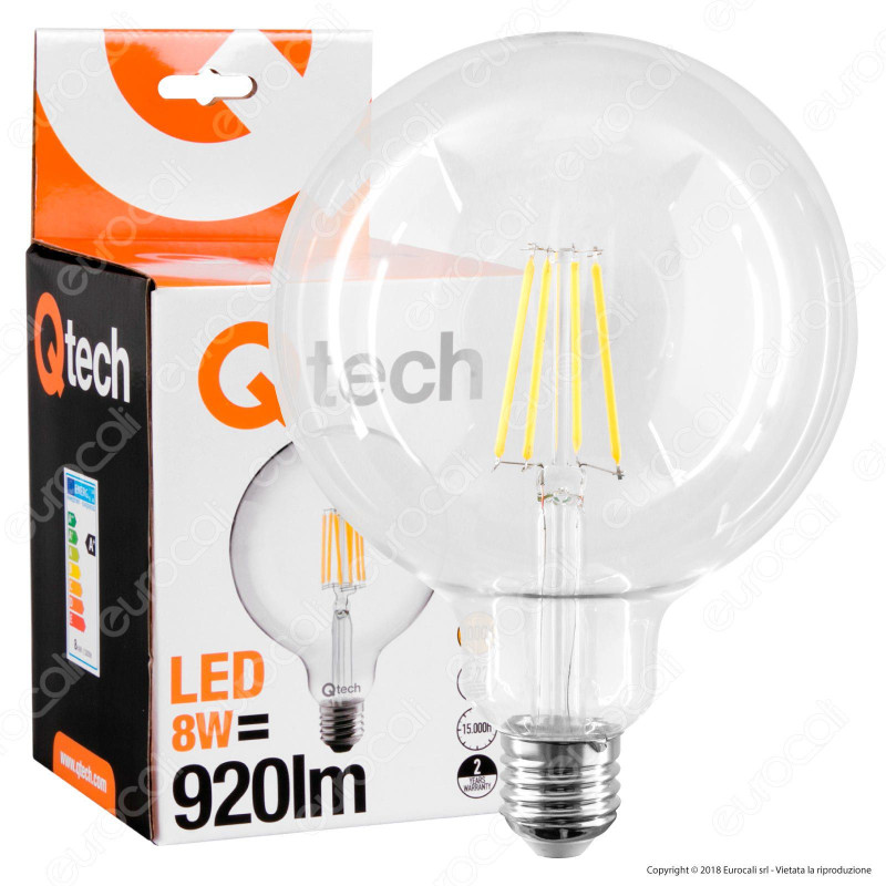 Qtech Lampadina LED E27 8W Globo G125 Filamento - mod. 90000030