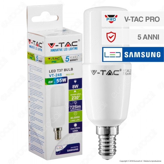 V-Tac PRO VT-248 Lampadina LED E14 8W Tubolare T37 Chip Samsung - SKU V-Tac PRO VT-248 Lampadina LED E14 8W Tubolare T37 Chip Samsung - SKU