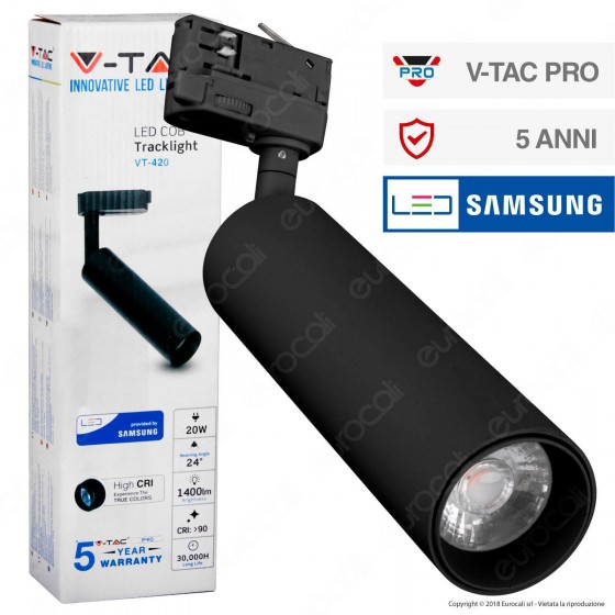 V-Tac PRO VT-420 Track Light LED COB 20W Colore Nero Chip Samsung - SKU 366