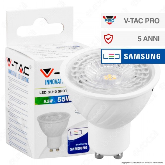 V-Tac PRO VT-247D Lampadina LED GU10 6,5W Faretto Spotlight Chip Samsung Dimmerabile - SKU 198 / 199 / 200