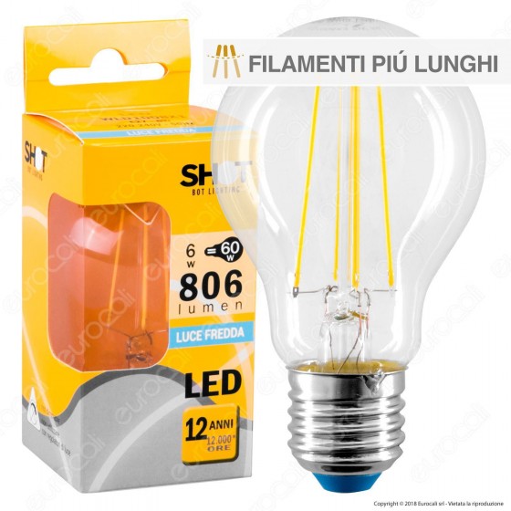 Bot Lighting Shot Lampadina LED E27 6W Bulb A60 Filamento Extra-Lungo