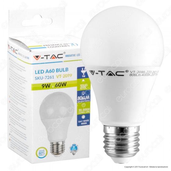 V-Tac VT-2099 Lampadina LED E27 9W Bulb A60 - SKU 7260 / 7261 / 7262