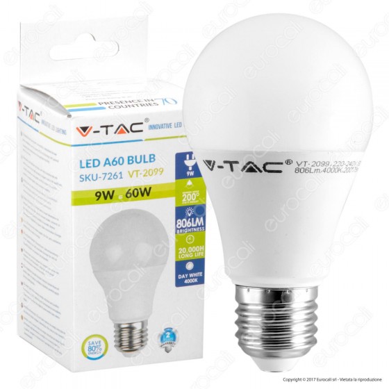 V-Tac VT-2099 Lampadina LED E27 9W Bulb A60 - SKU 7260 / 7261 / 7262 V-Tac VT-2099 Lampadina LED E27 9W Bulb A60 - SKU 7260 / 7261 / 7262