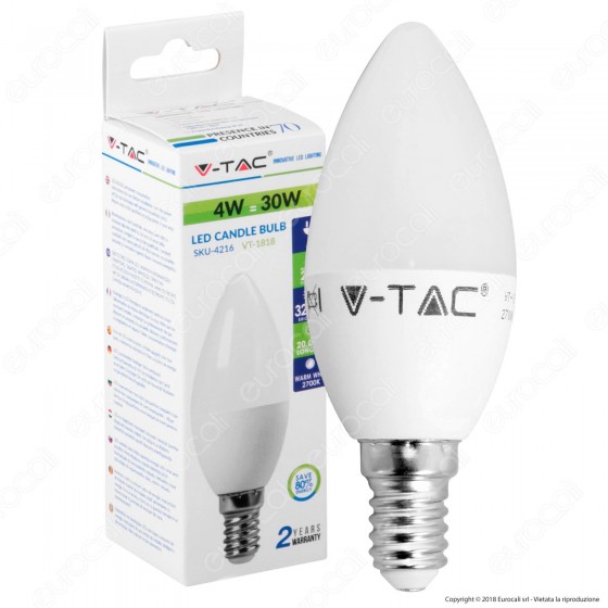 V-Tac VT-1818 Lampadina LED E14 4W Candela - SKU 4216 / 4166 / 4122 V-Tac VT-1818 Lampadina LED E14 4W Candela - SKU 4216 / 4166 / 4122