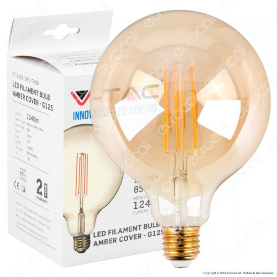 V-Tac VT-2153 Lampadina LED E27 12,5W Globo G125 Filamento Ambrata - V-Tac VT-2153 Lampadina LED E27 12,5W Globo G125 Filamento Ambrata -