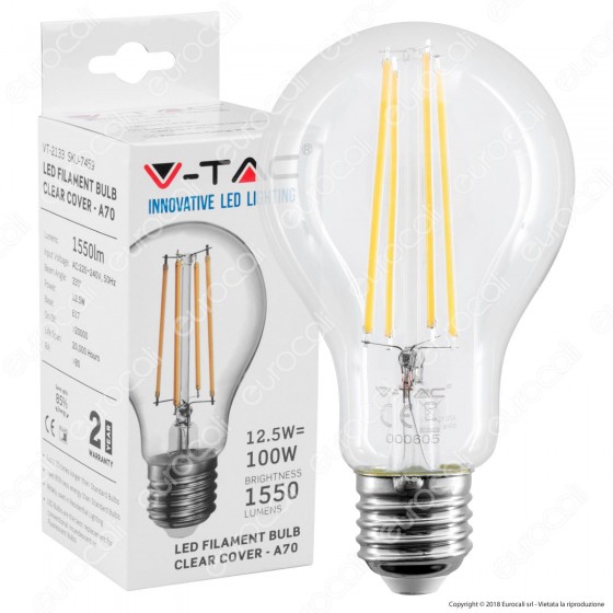 V-Tac VT-2133 Lampadina LED Filament E27 12,5W Bulb A70 - SKU 7458 - 7459 - 7460