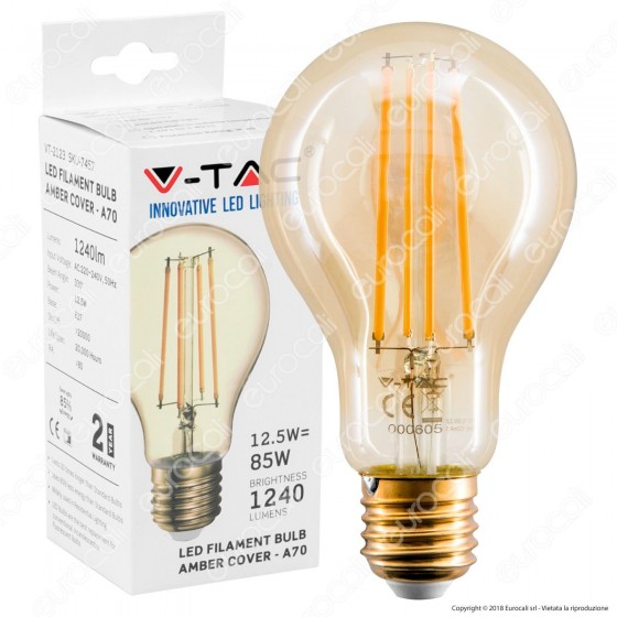 V-Tac VT-2123 Lampadina LED E27 12,5W Bulb A70 Filamento Ambrata - V-Tac VT-2123 Lampadina LED E27 12,5W Bulb A70 Filamento Ambrata -