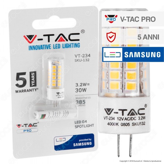 V-Tac PRO VT-234 Lampadina LED G4 3,2W Bulb Chip Samsung - SKU 131 / V-Tac PRO VT-234 Lampadina LED G4 3,2W Bulb Chip Samsung - SKU 131 /