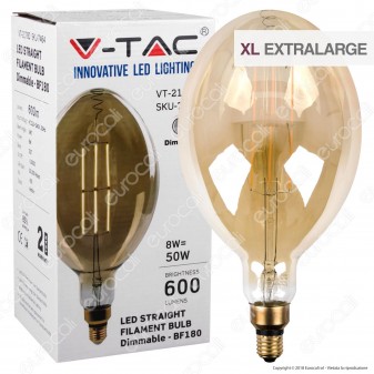V-Tac VT-2178D Lampadina E27 Filamento LED 8W Bulb A180 con Vetro Ambrato Dimmerabile - SKU 7464