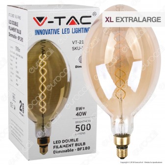 V-Tac VT-2168D Lampadina E27 Filamento LED 8W Bulb A180 con Vetro Ambrato Dimmerabile - SKU 7463