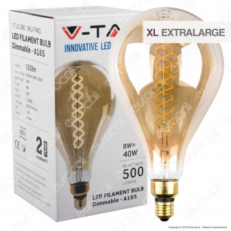 V-Tac VT-2138D Lampadina E27 Filamento LED a Doppia Spirale 8W Bulb A160 con Vetro Ambrato Dimmerabile - SKU 7461