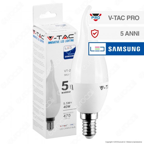 V-Tac PRO VT-258 Lampadina LED E14 5,5W Candela Fiamma Chip Samsung - SKU 117 / 118 / 119