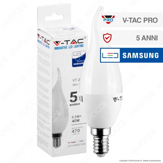 V-Tac PRO VT-258 Lampadina LED E14 5,5W Candela Fiamma Chip Samsung - V-Tac PRO VT-258 Lampadina LED E14 5,5W Candela Fiamma Chip Samsung -