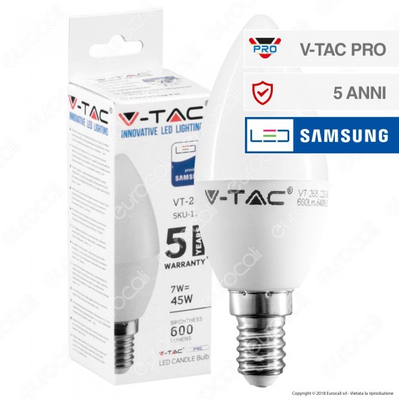 V-Tac PRO VT-268 Lampadina LED E14 7W Candela Chip Samsung - SKU 111 V-Tac PRO VT-268 Lampadina LED E14 7W Candela Chip Samsung - SKU 111