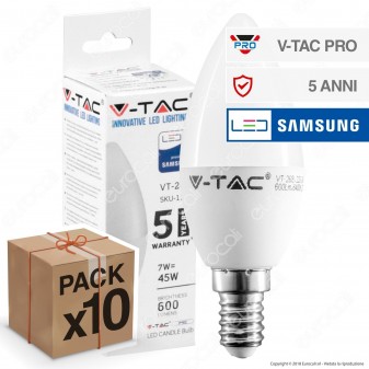 10 Lampadine LED V-Tac PRO VT-268 E14 7W Candela Chip Samsung - Pack