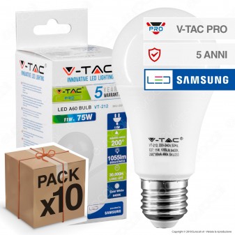 10 Lampadine LED V-Tac PRO VT-212 E27 11W Bulb A60 Chip Samsung -