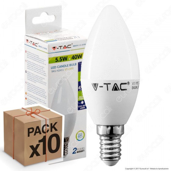 10 Lampadine LED V-Tac VT-1855 E14 5,5W Candela - Pack Risparmio