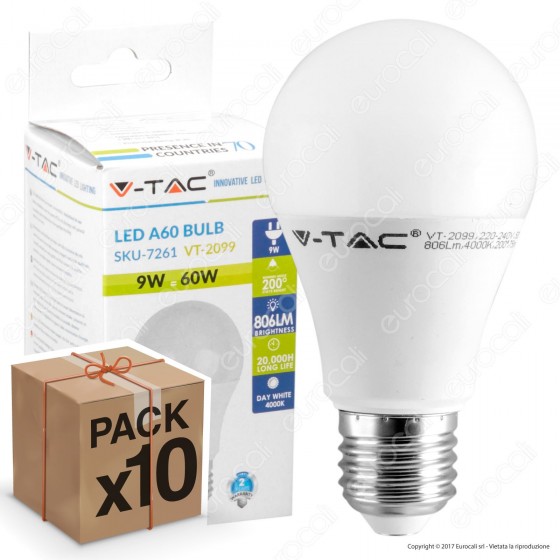 10 Lampadine LED V-Tac VT-2099 E27 9W Bulb A60 - Pack Risparmio 10 Lampadine LED V-Tac VT-2099 E27 9W Bulb A60 - Pack Risparmio