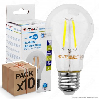 10 Lampadine LED V-Tac VT-1885 E27 4W Bulb A60 Filamento - Pack