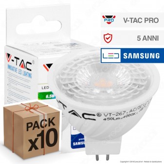 10 Lampadine LED V-Tac PRO VT-267 GU5.3 (MR16) 6,5W Faretto Spotlight