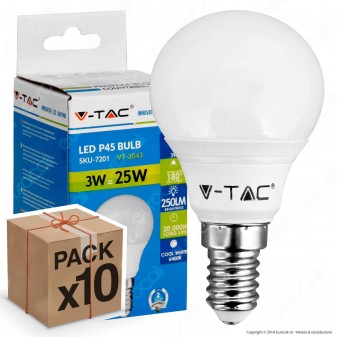 10 Lampadine LED V-Tac VT-2043 E14 3W MiniGlobo P45 - Pack Risparmio