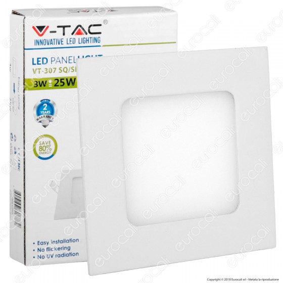 V-Tac VT-307SQ Pannello LED Quadrato 3W SMD da Incasso con Driver - SKU 6295 / 6296 / 6297