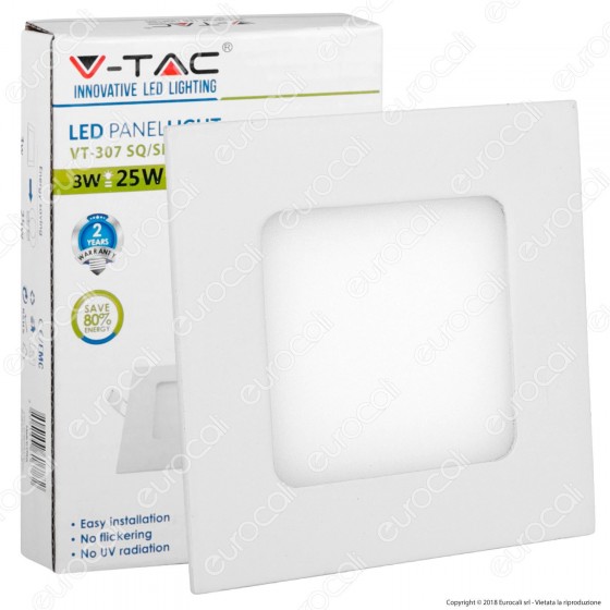 V-Tac VT-307SQ Pannello LED Quadrato 3W SMD da Incasso con Driver - V-Tac VT-307SQ Pannello LED Quadrato 3W SMD da Incasso con Driver -