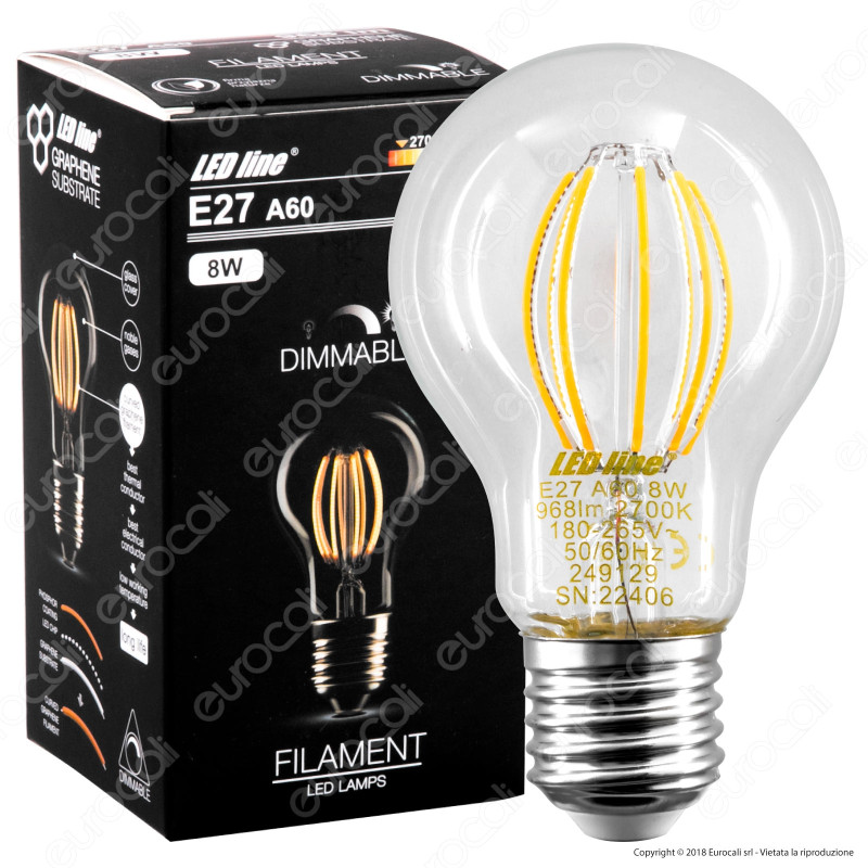 LED Line Lampadina LED E27 8W Bulb A60 Filamento Grafene Dimmerabile - mod. 249129
