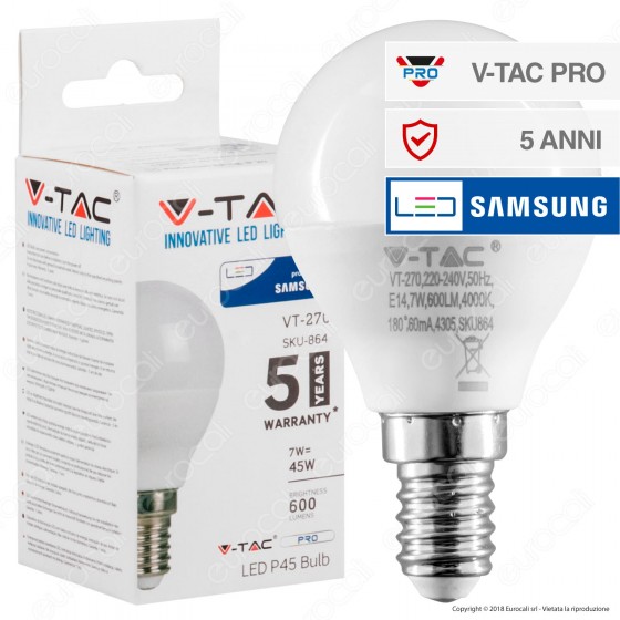 V-Tac PRO VT-270 Lampadina LED E14 7W MiniGlobo P45 Chip Samsung - V-Tac PRO VT-270 Lampadina LED E14 7W MiniGlobo P45 Chip Samsung -