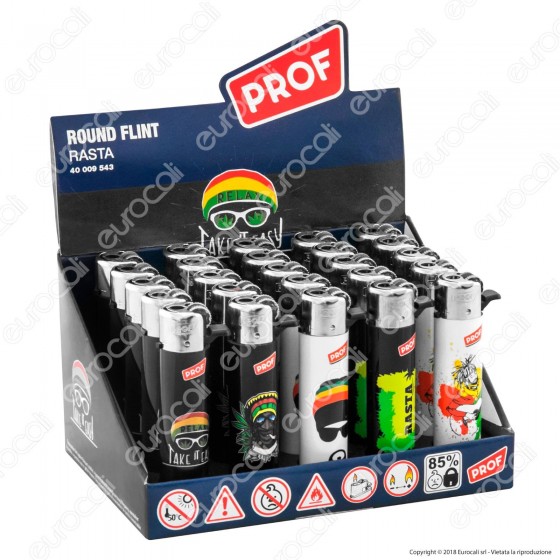 Prof Round Flint Accendino Maxi Fantasia Rasta - Box da 25 Accendini Prof Round Flint Accendino Maxi Fantasia Rasta - Box da 25 Accendini