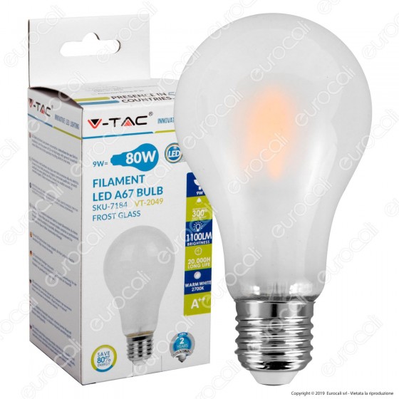 V-Tac VT-2049 Lampadina LED E27 9W Bulb A67 Frost Filamento - SKU V-Tac VT-2049 Lampadina LED E27 9W Bulb A67 Frost Filamento - SKU