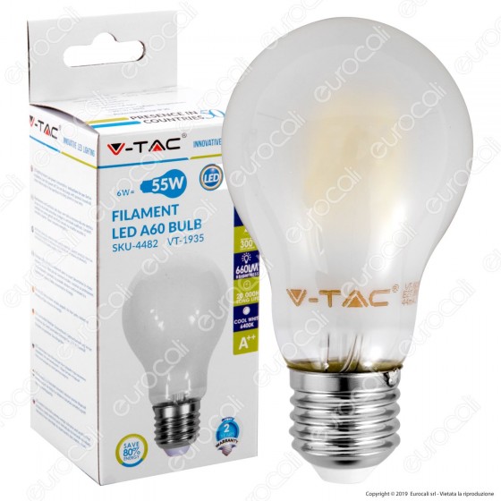 V-Tac VT-1935 Lampadina LED E27 6W Bulb A60 Frost Filamento - SKU 4480 / 4481 / 4482
