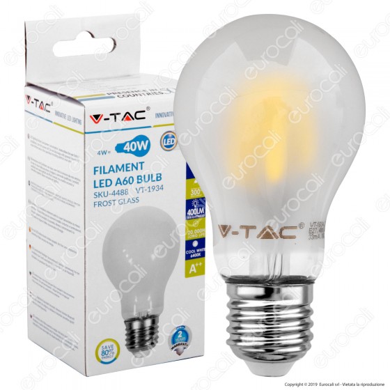 V-Tac VT-1934 Lampadina LED E27 4W Bulb A60 Frost Filamento - SKU V-Tac VT-1934 Lampadina LED E27 4W Bulb A60 Frost Filamento - SKU