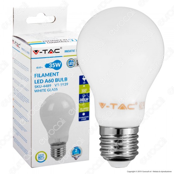 V-Tac VT-1939 Lampadina LED E27 4W Bulb A60 White Filamento - SKU V-Tac VT-1939 Lampadina LED E27 4W Bulb A60 White Filamento - SKU