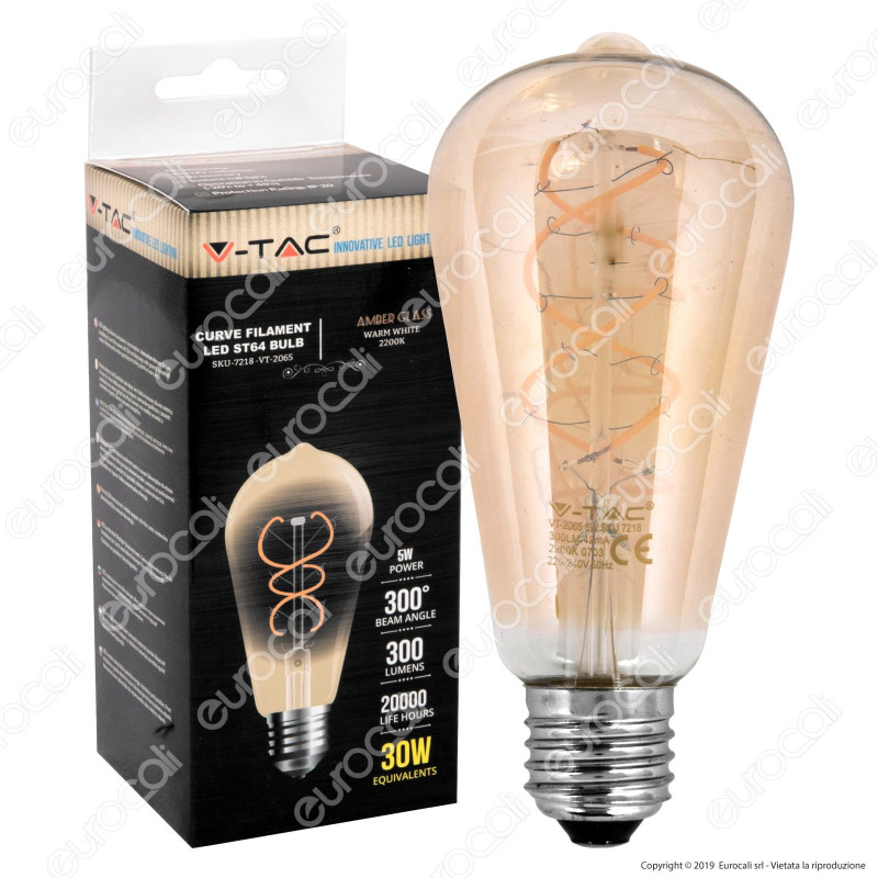 V-Tac VT-2065 Lampadina LED E27 5W Bulb ST64 Filamento Ambrata - SKU