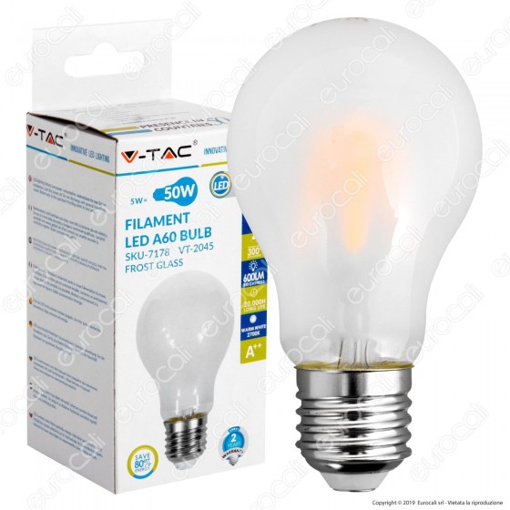 V-Tac VT-2045 Lampadina LED E27 5W Bulb A60 Frost Filamento - SKU V-Tac VT-2045 Lampadina LED E27 5W Bulb A60 Frost Filamento - SKU