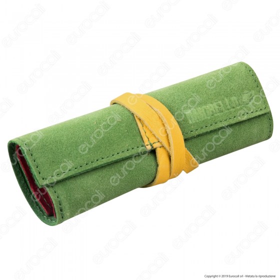 Il Morello Large Portatabacco in Vera Pelle Scamosciata Verde e Rossa cno Inserti in Pelle Gialla