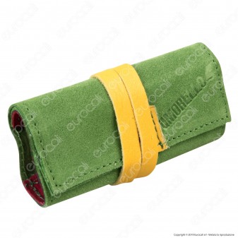 Il Morello Pocket Portatabacco in Vera Pelle Scamosciata Verde e Rossa con Inserti in Pelle Gialla