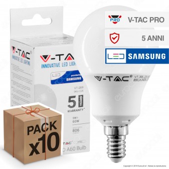 10 Lampadine LED V-Tac PRO VT-269 E14 9W Bulb A60 Chip Samsung - Pack