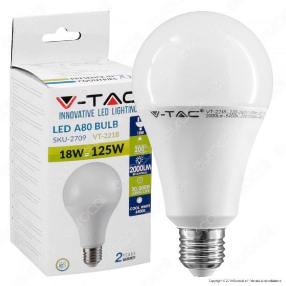 V-Tac VT-2218 Lampadina LED E27 18W Bulb A80 - SKU 2707 / 2708 / 2709 V-Tac VT-2218 Lampadina LED E27 18W Bulb A80 - SKU 2707 / 2708 / 2709