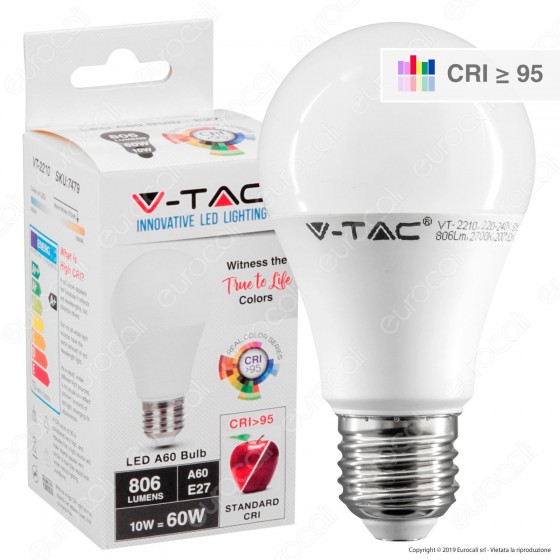 V-Tac VT-2210 Lampadina LED E27 10W Bulb A60 CRI ≥95 - SKU 7479 / 7480 V-Tac VT-2210 Lampadina LED E27 10W Bulb A60 CRI ≥95 - SKU 7479 / 7480