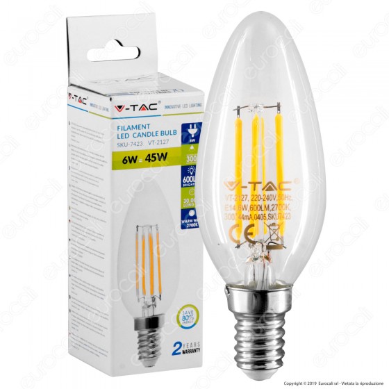 V-Tac VT-2127 Lampadina LED E14 6W Candela Filamento - SKU 7423 / V-Tac VT-2127 Lampadina LED E14 6W Candela Filamento - SKU 7423 /