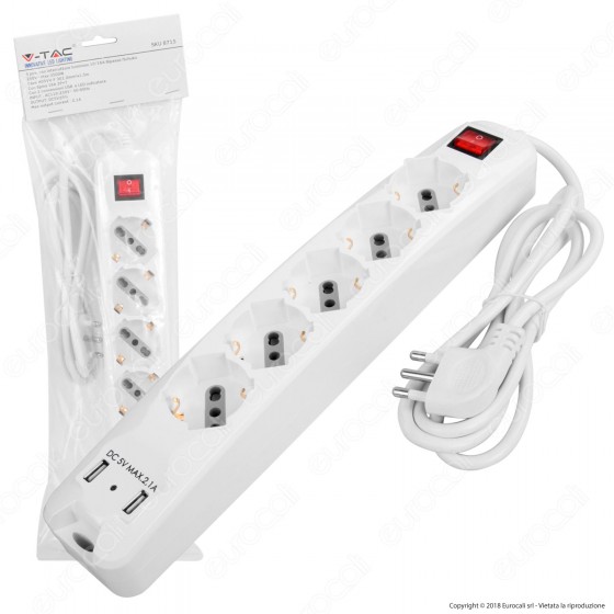V-Tac Multipresa 5 Posti e 2 Prese USB Colore Bianco con Interruttore Luminoso - SKU 8715