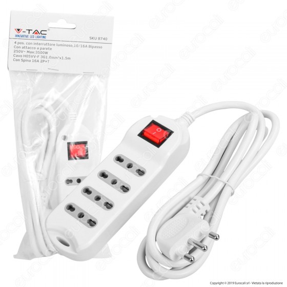 V-Tac Multipresa 4 Posti Colore Bianco con Interruttore Luminoso - SKU 8740 V-Tac Multipresa 4 Posti Colore Bianco con Interruttore Luminoso - SKU 8740
